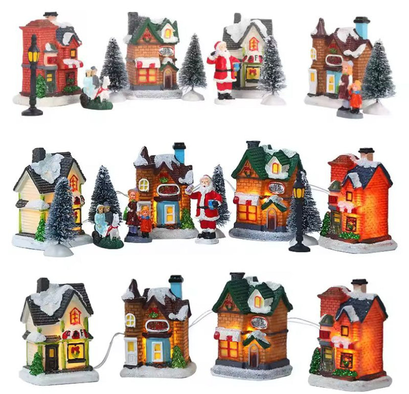 Conjunto de Vila Natalina em Resina Iluminadas por LED