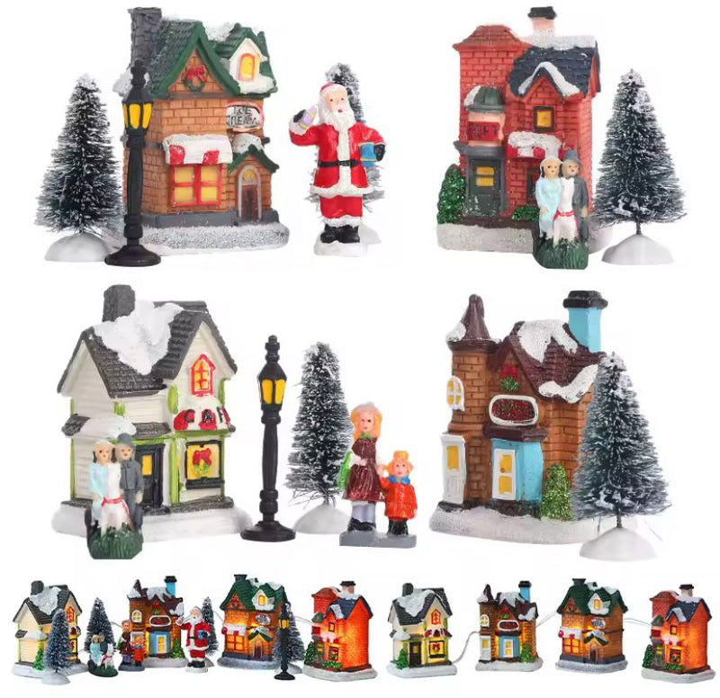 Conjunto de Vila Natalina em Resina Iluminadas por LED