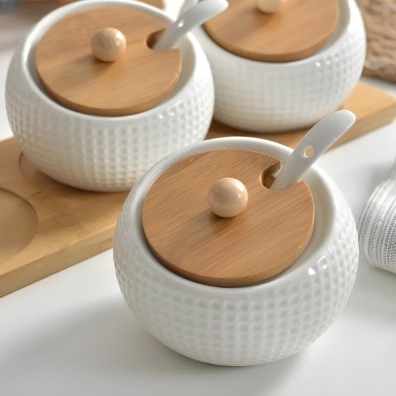 Açucareiro em Cerâmica e Base de Bambu - Casa Farfelle