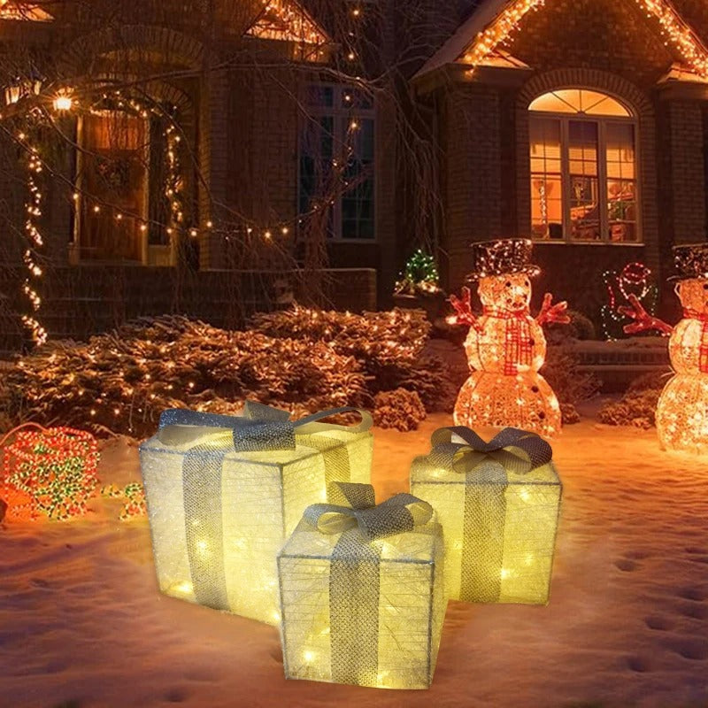 Conjunto 3 Caixas de Presente Natalina Iluminada com Laço - Casa Farfelle