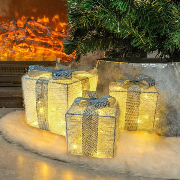 Conjunto 3 Caixas de Presente Natalina Iluminada com Laço - Casa Farfelle