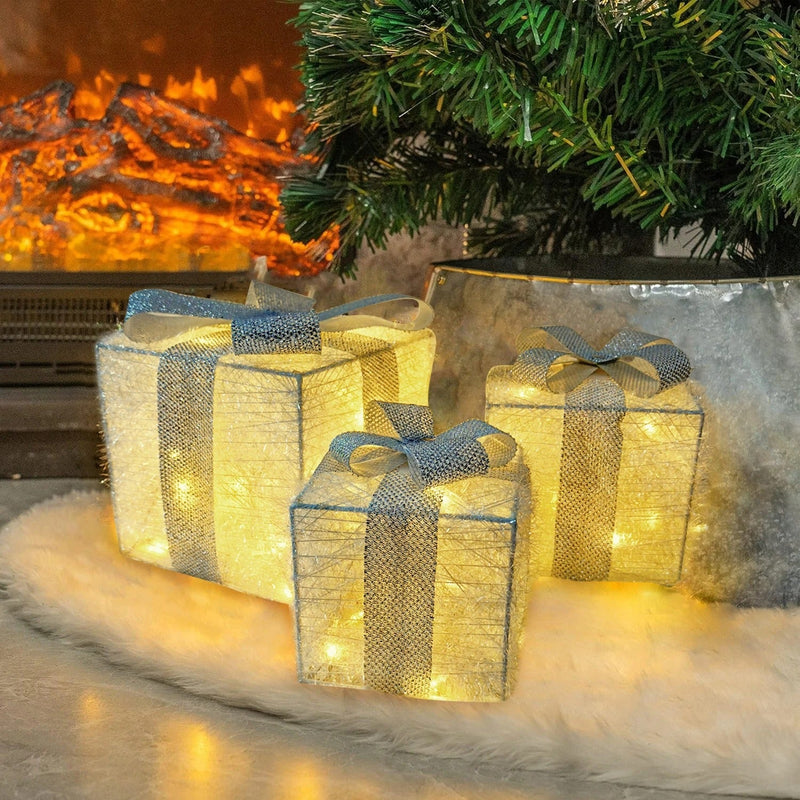 Conjunto 3 Caixas de Presente Natalina Iluminada com Laço - Casa Farfelle