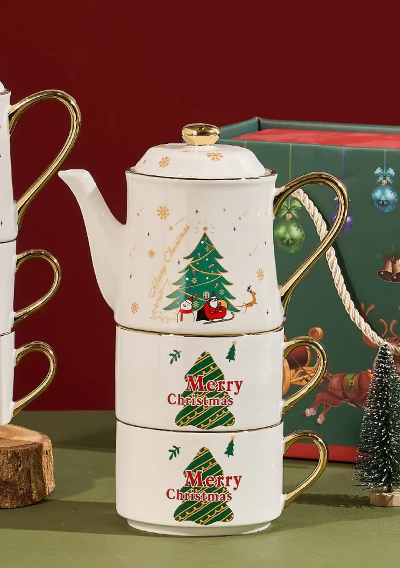 Conjunto de Chá Natalino em Cerâmica