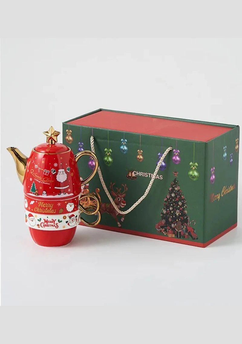 Conjunto Natalino de Bule e Caneca em Cerâmica