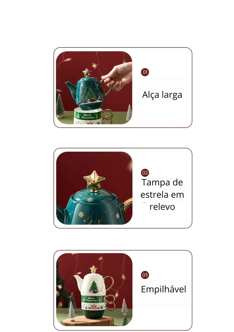 Conjunto Natalino de Bule e Caneca em Cerâmica