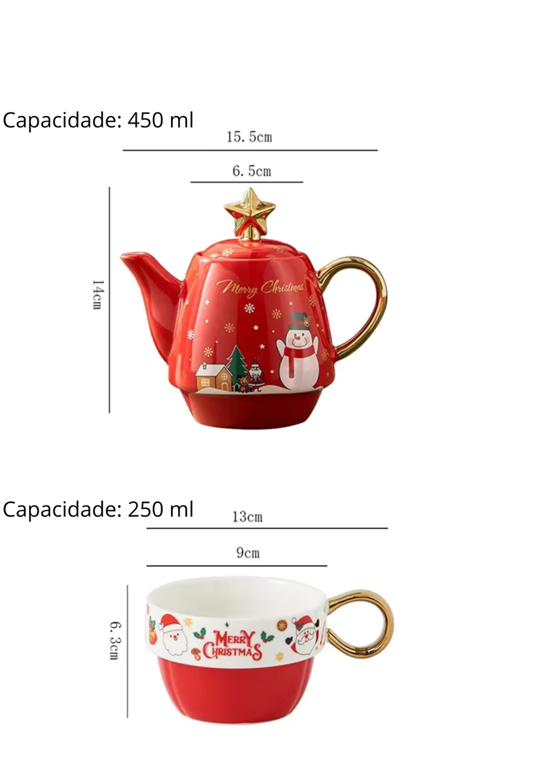 Conjunto Natalino de Bule e Caneca em Cerâmica