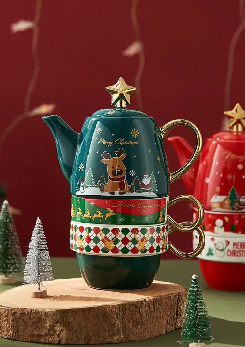 Conjunto Natalino de Bule e Caneca em Cerâmica
