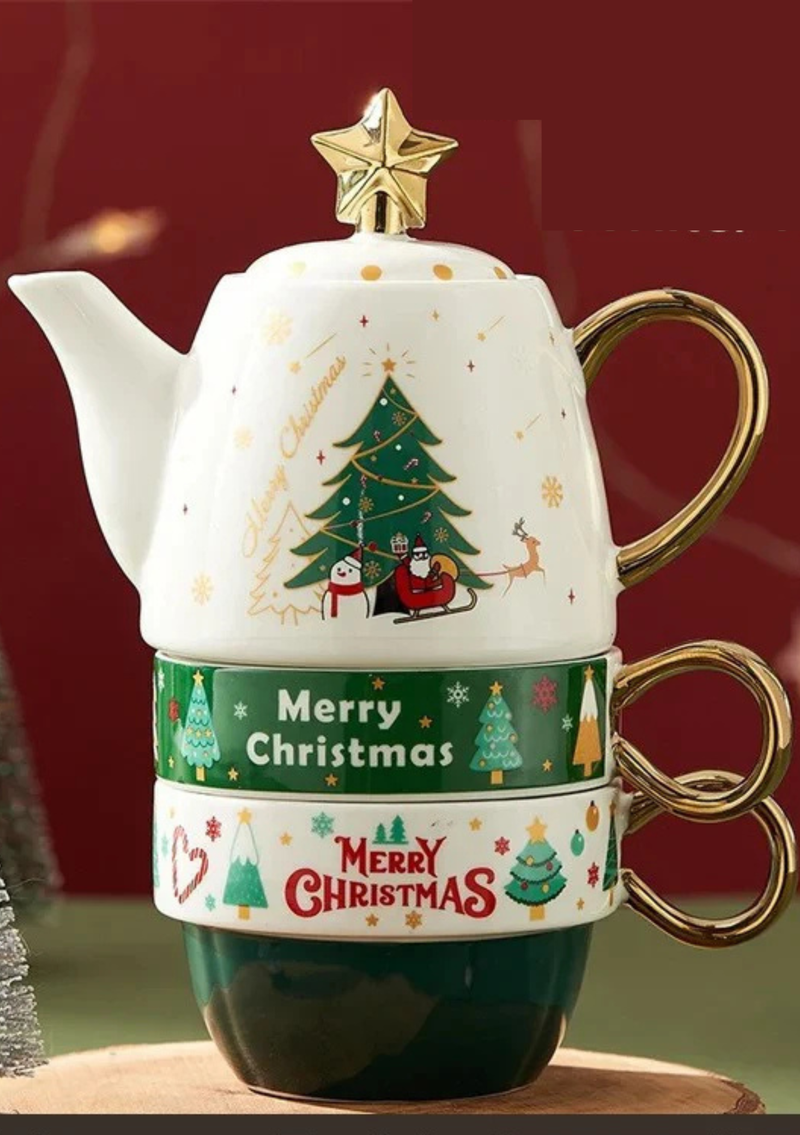 Conjunto Natalino de Bule e Caneca em Cerâmica