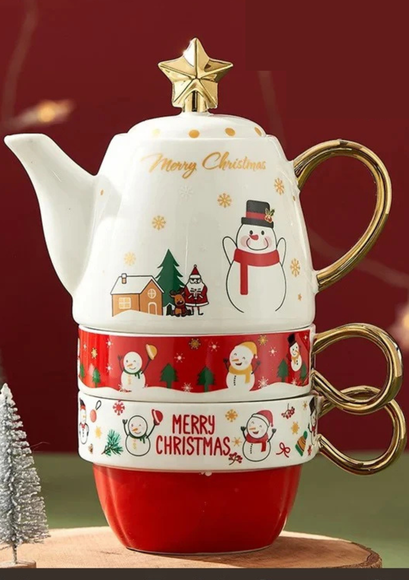 Conjunto Natalino de Bule e Caneca em Cerâmica