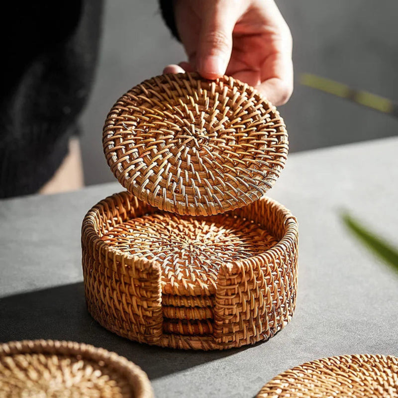 Conjunto porta copos de Rattan Naturale - 6pçs - Casa Farfelle