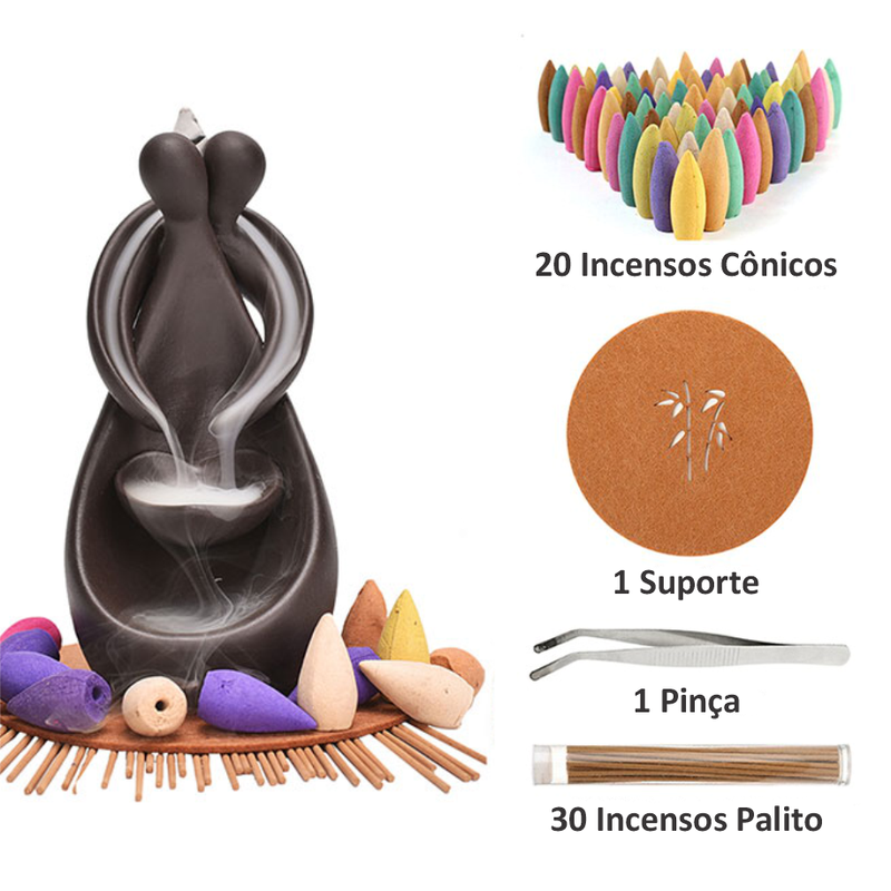 Incensário Cascata Abraço + 20 Incensos Cônicos - Casa Farfelle