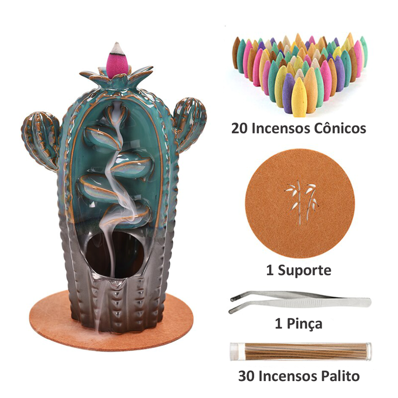 Incensário Cascata Cactus + 20 Incensos Cônicos - Casa Farfelle
