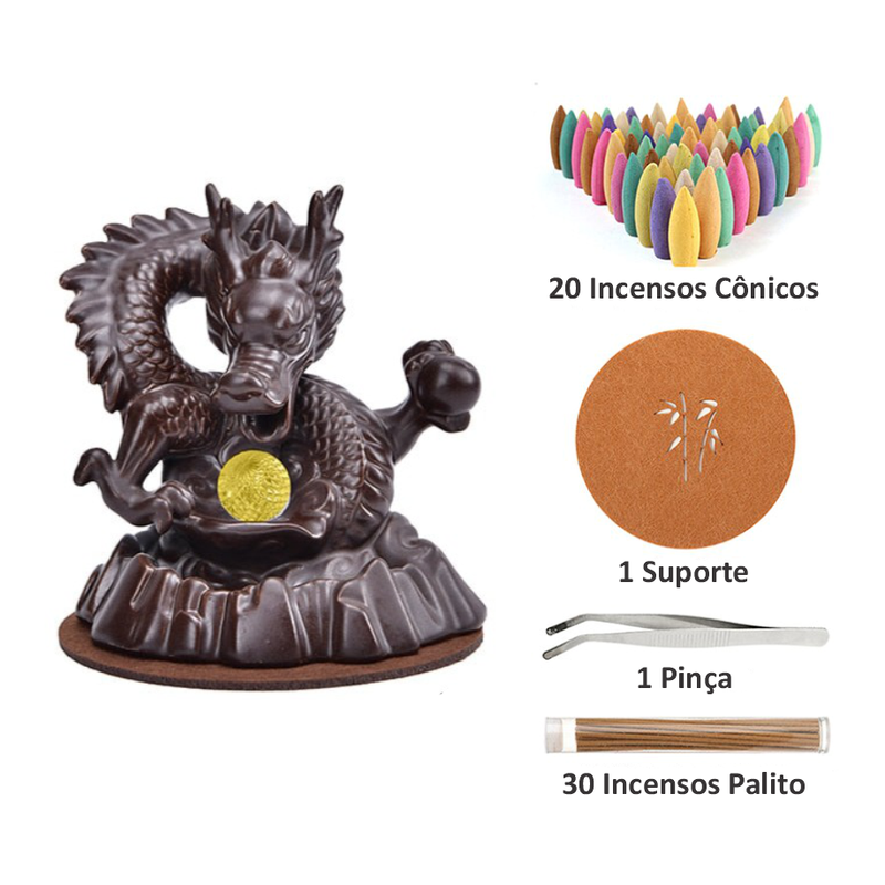 Incensário Cascata Dragão 7 Cores + 20 Incensos Cõnicos - Casa Farfelle