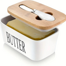 Manteigueira de Cerâmica com Tampa de Bambu e Espátula - Casa Farfelle