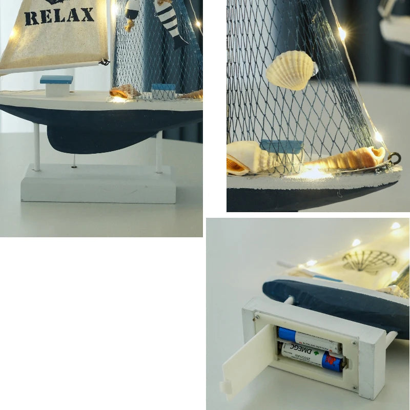 Ornamento Decorativo Barco à Vela com LED em Madeira - Casa Farfelle