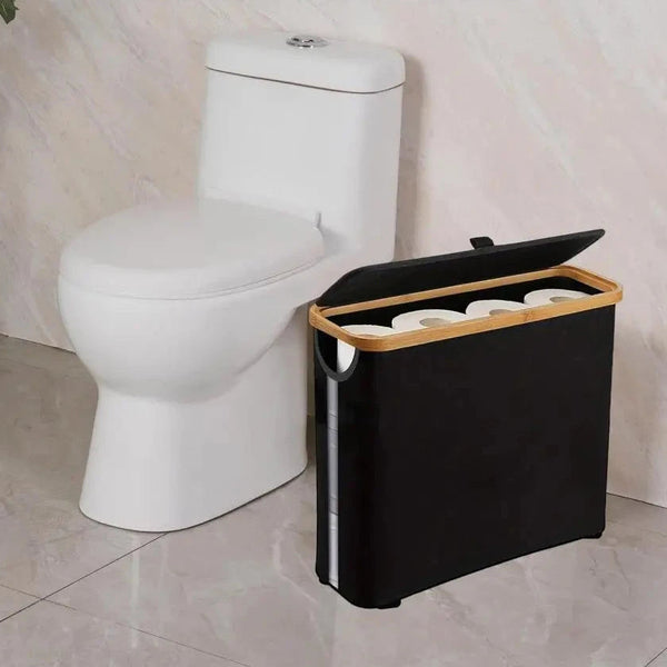 Cesta de Armazenamento de Papel Higiênico em Oxford com Tampa de Bambu - Casa Farfelle