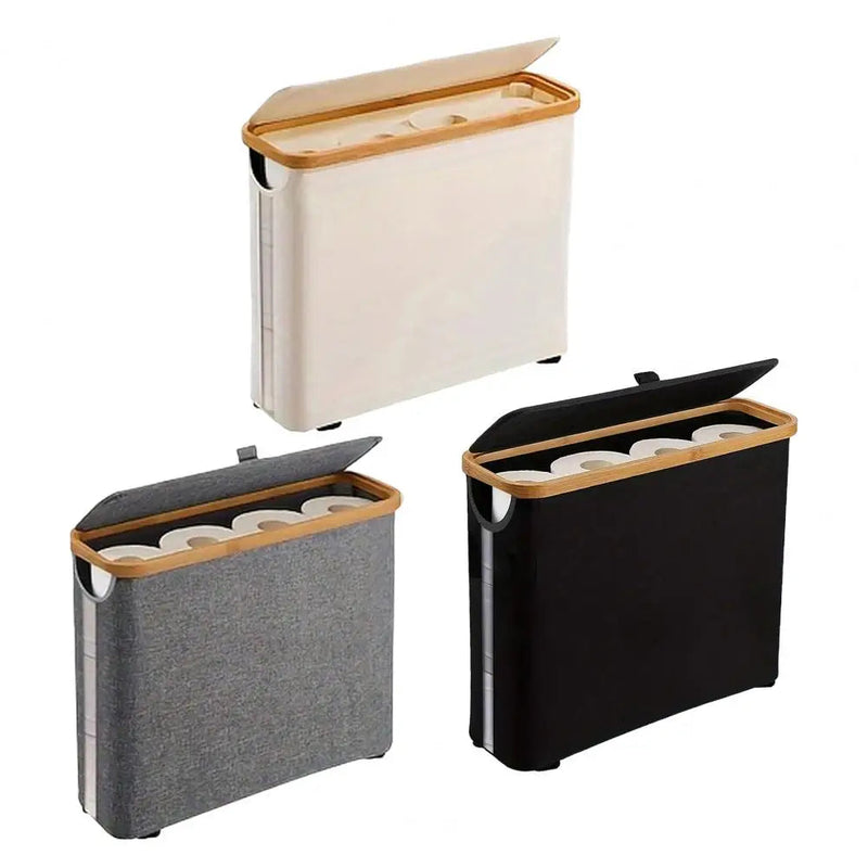 Cesta de Armazenamento de Papel Higiênico em Oxford com Tampa de Bambu - Casa Farfelle
