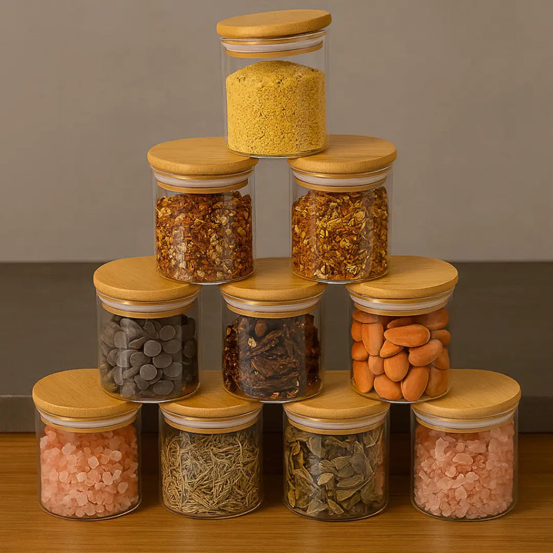 Porta Temperos com Tampa de Bambu – Kit com 6 Unidades de 200ml | Casa Splendida - Casa Farfelle
