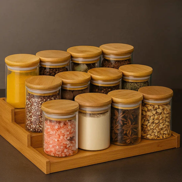 Porta Temperos com Tampa de Bambu – Kit com 6 Unidades de 200ml | Casa Splendida - Casa Farfelle