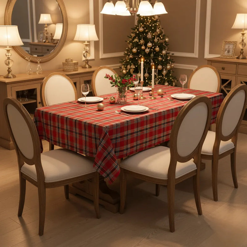 Toalha de Mesa para Natal Retangular Impermeável Quadriculada - Vermelha